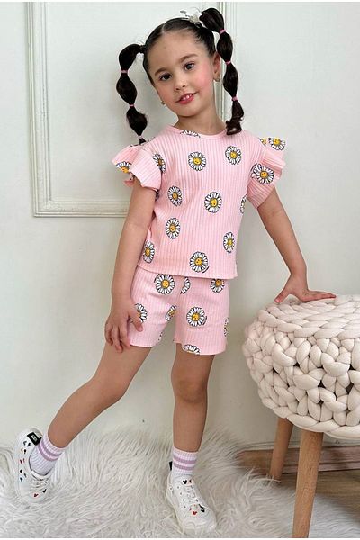 Yağmur Giyim Pjkskt Smiley Daisy Pattern Pink Twill Ruffled Sleeve Shorts Girl's Short Sleeve Set 7636-
