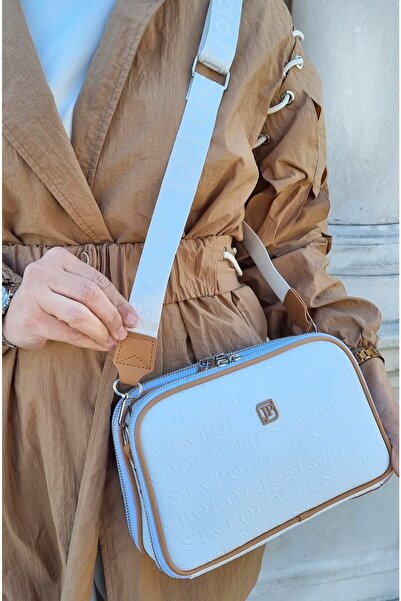 Just Polo JP حقيبة كتف نسائية كريمية مكونة من 6 أقسام وحزام طويل وعمود قابل ل...