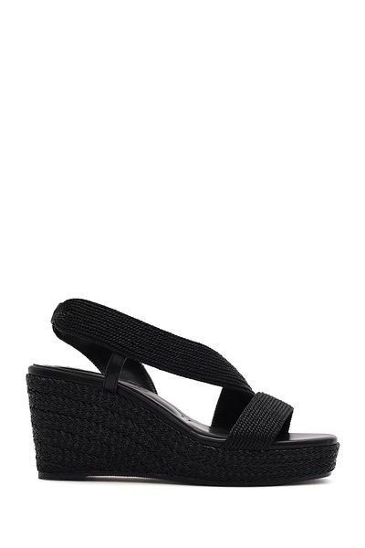 Derimod Women's Black Wedge Heeled Knitted Espadrille Sandals 25Sfe4938M7