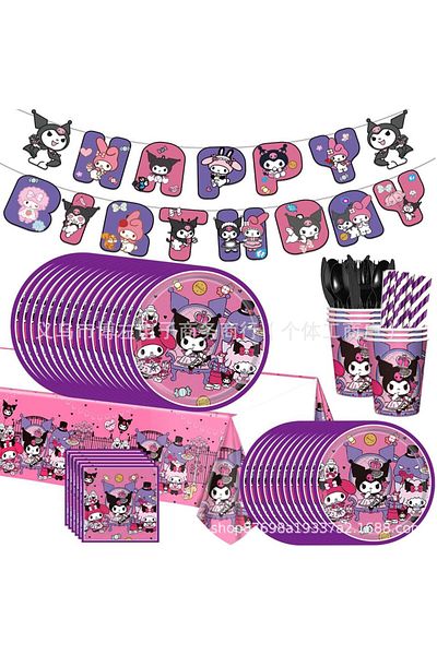 Choice A set of 92pcs Kuromi 2024 New Sanrio Disposable Set Melody Kuromi Theme Children'S Birthday Party D