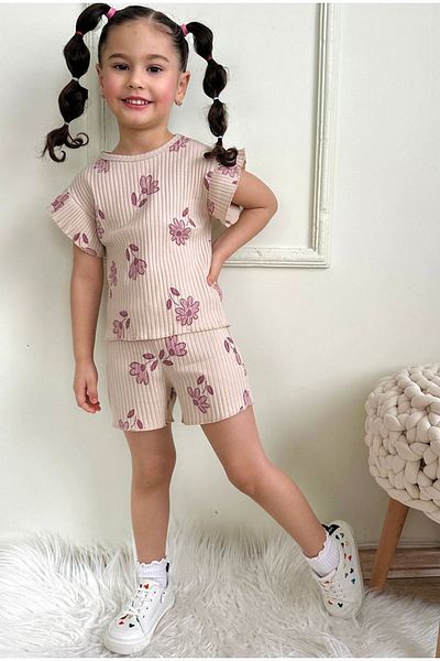 Yağmur Giyim Pjkskt Flower Pattern Beige Twill Ruffled Sleeve Shorts Girl's Short Sleeve Set 7634-B
