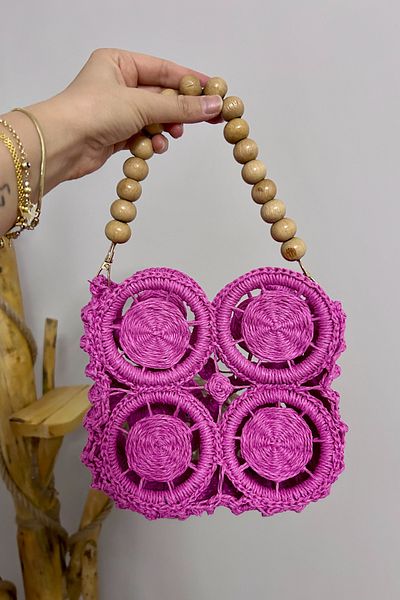 Mila Pink Hand Knitted Ring Detail Motif Bag