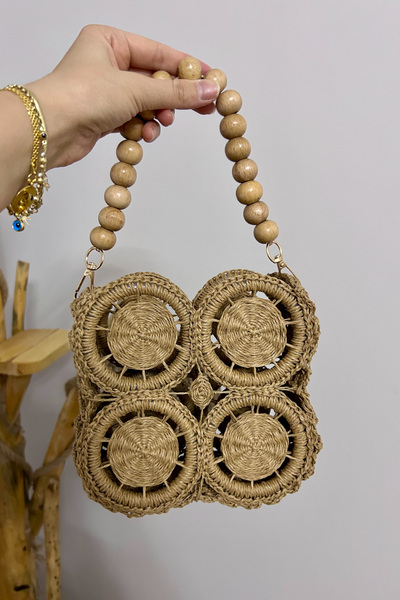 Mila Straw Hand Knitted Ring Detail Motif Bag