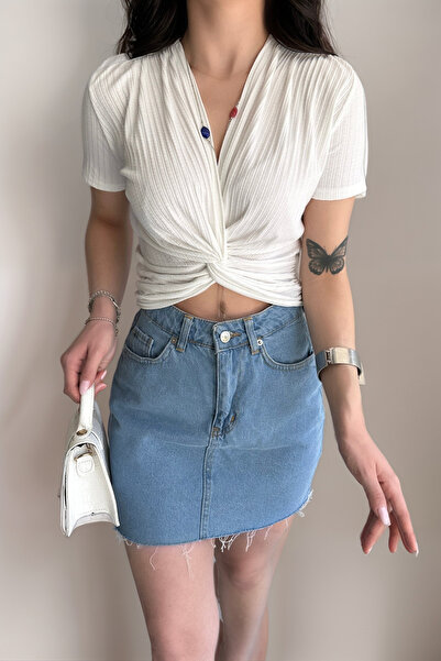 Caddebostan Moda Γυναικεία μπλούζα με διπλό λαιμόκοψη, μαύρη, με ραβδώσεις