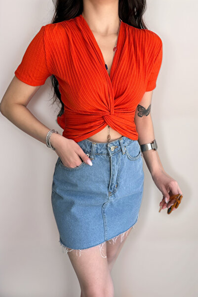 Caddebostan Moda Double Breasted Collar Ribbed Black Women's Crop Blouse