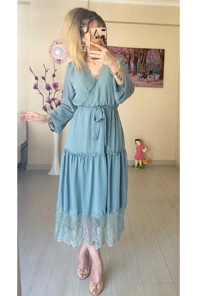 AZRA BUTİK Rochie cu mânecă lungă cu dantelă - VERDE APĂ