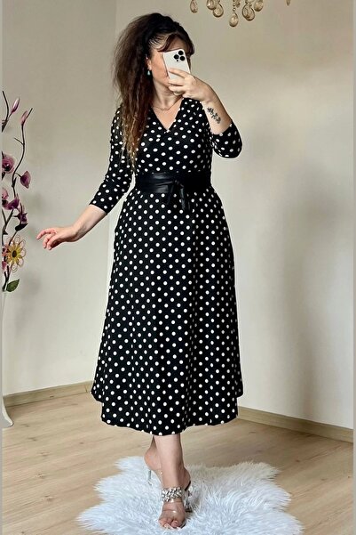 AZRA BUTİK Double Breasted Collar Long Sleeve Polka Dot Crepe Dress