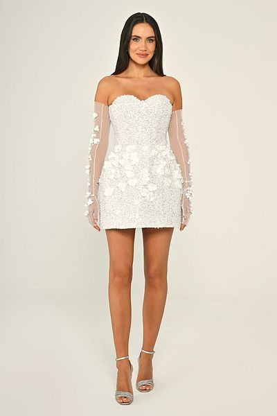ALFABETA Women's Short Length Strapless Neckline Sequins and Flower Detail Sleeves See-Through Tulle Stylish White Evening Dress & Graduation