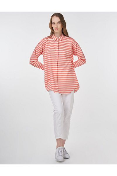 Kayra Stripe Pattern Cotton Basic Tunic Pomegranate Flower
