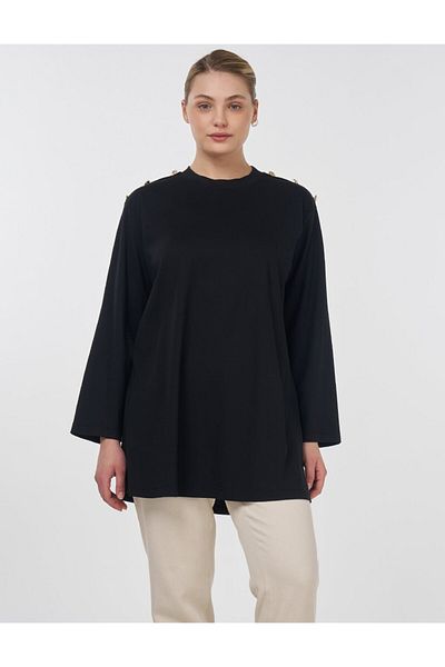 Kayra Button Detailed Combed Cotton Tunic Black
