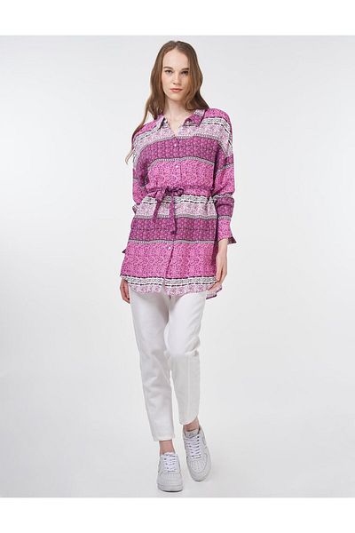 Kayra Floral Patterned Belted Viscose Tunic Candy Pink