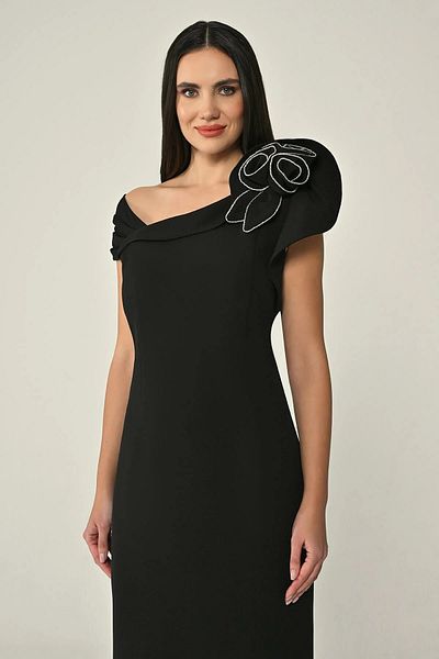 ALFABETA Women Asymmetrical Neck Shoulder Rose Detail Long Black Evening Dress & Graduation Dress Ab7016-Black