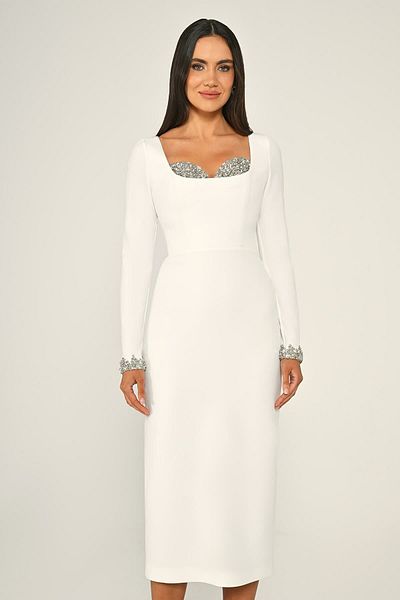 ALFABETA Women's Arm Tip and Chest Stone Details Long Arm Body Hugging Long Length White Evening Dress & Graduation Dress