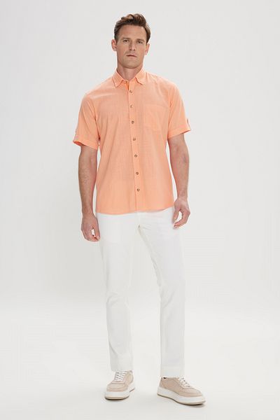 AC&Co / Altınyıldız Classics Men's Orange Comfort Fit Relaxed Cut Hidden Button Collar Linen Look 100% Cotton Flared Shirt