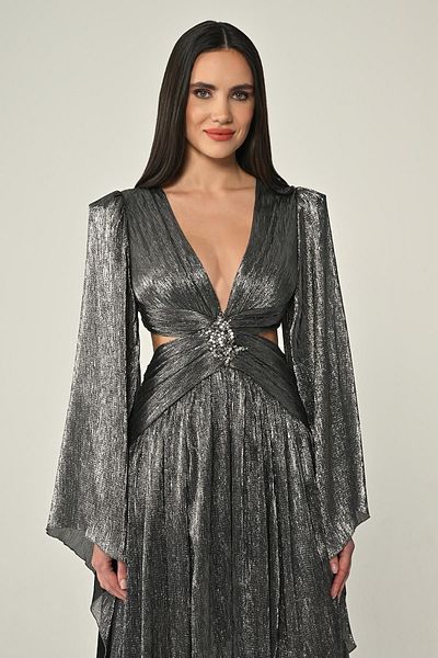 ALFABETA Women's Padded Deep Chest and Waist Low-Cut Long Slit Black Evening Dress & Graduation Dress Ab6515-Si̇