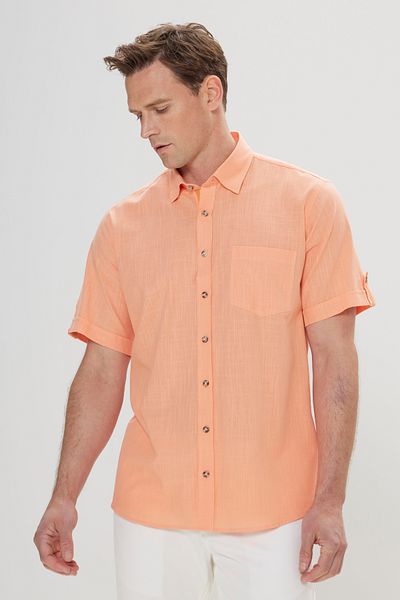 AC&Co / Altınyıldız Classics Men's Orange Comfort Fit Relaxed Cut Hidden Button Collar Linen Look 100% Cotton Flared Shirt
