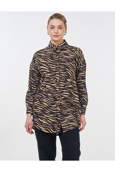 KYR Zebra Pattern Shirt Collar Tunic Dark Brown