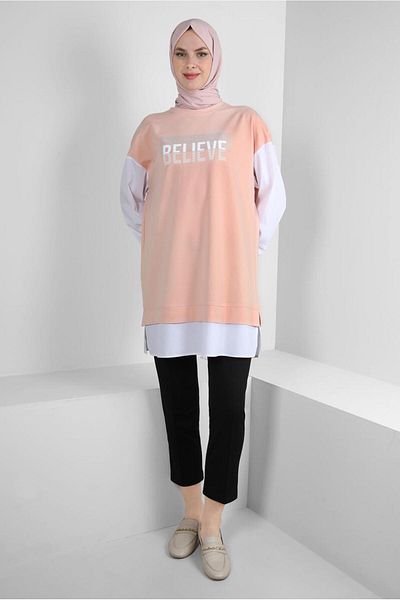 Alvina 43664 Model Text Printed and Garnished Tracksuit Tunic
