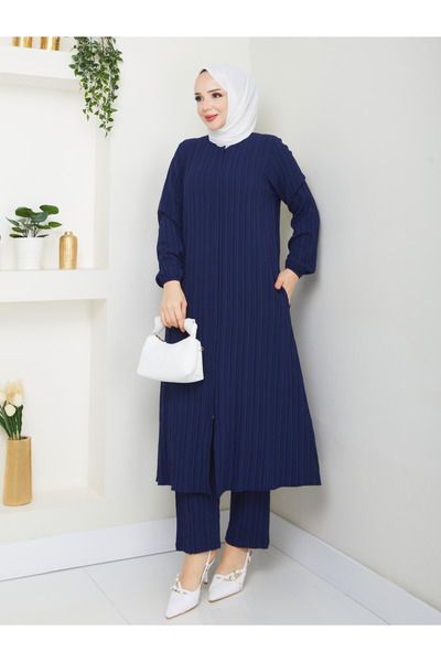 Efelif Navy Blue Elegant Pocket Zippered Double Suit Mf-2310
