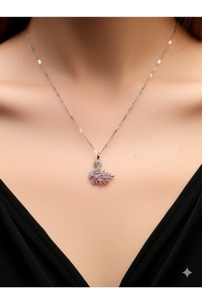 Esra Butik Hane Stainless Steel Zircon Stone Swan Model Steel Necklace - Silver Color Chain - Pink Swan