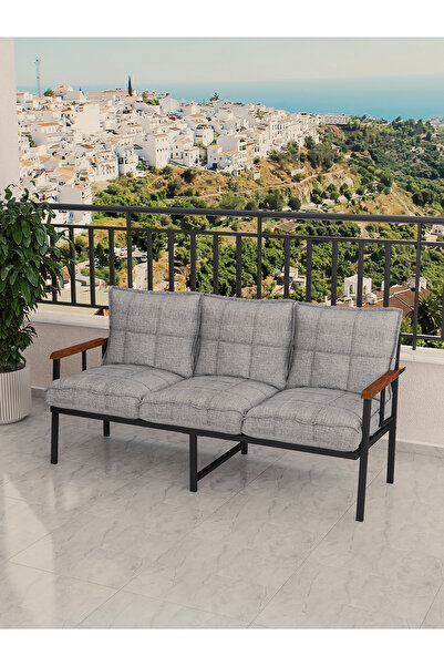 Mygusi Modern Balkon, Bahçe, Cafe, Metal Koltuk, Kanepe Üçlü - Açık Gri