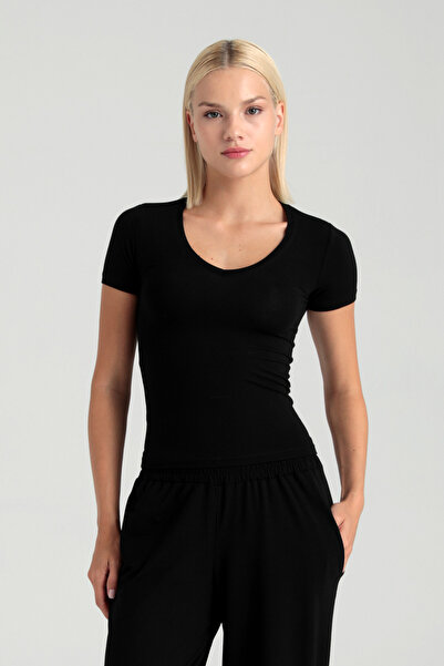 SHEISMONO Ultra Soft V-Neck Short Sleeve Blouse Black