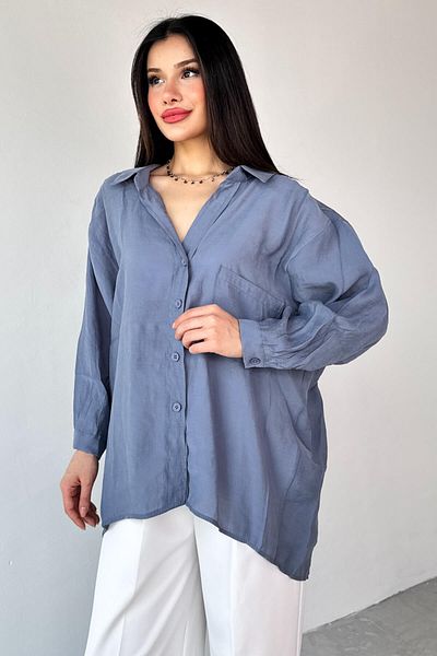 Cappmoda Gml-4612 Blue Off Shoulder Oversize Shirt