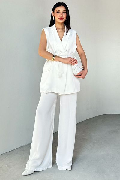Cappmoda TKM-9413 Λευκό γιακά με διπλό κουμπί γιλέκο φαρδύ παντελόνι Σετ δύο τεμαχίων