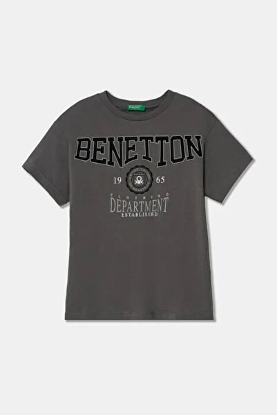 Benetton تي شيرت بشعار Bnt للأولاد - رمادي
