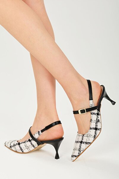 Mio Gusto Tamara White Color Tweed Fabric Women's Heeled Shoes