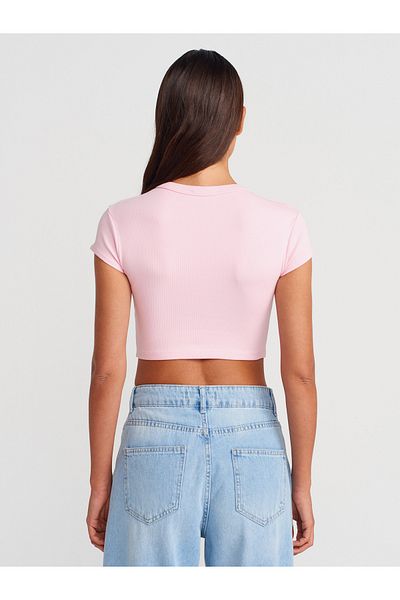 Dilvin 31810 Crew Neck Crop T-Shirt-Powder Pink