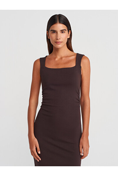 Dilvin 91460 Kare Yaka Midi Elbise-Koyu Kahve