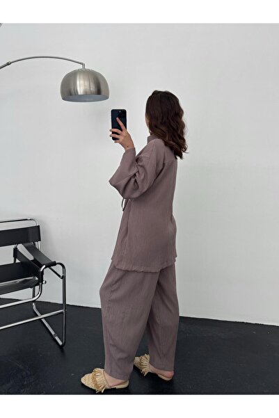 OYKUWEAR Sunspell Mürdüm Gofre Yandan Bağlama Detay Kimono Pantolon Takım