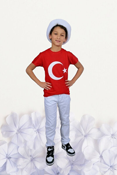 Nacar Kız Erkek Çocuk 23 Nisan Bayrak Baskılı Kısa Kol Gösteri Tshirt Yetişki...