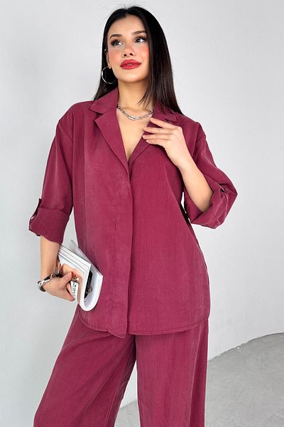 Cappmoda TKM-13271 Cămașă cu guler dublu țesut burgundă Set din două piese pantaloni largi