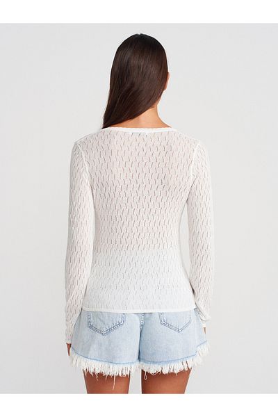 Dilvin 60969 V-Neck Openwork Button Slim Knitwear Cardigan-Ecru
