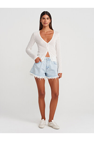 Dilvin 60969 V-Neck Openwork Button Slim Knitwear Cardigan-Ecru