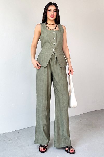 Cappmoda TKM-13270 Vestă cu buzunar cu nasturi kaki Pantaloni Palazzo cu talie înaltă Set din două piese