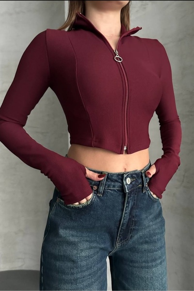 Safgiyim44 Kadın Giyim Fermuarlı Parmak Geçme Detay Crop