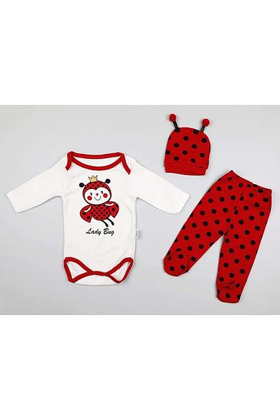 wakawakakidsstore Beetle Themed 3-Piece Baby Set - Bodysuit, Booties, Bottom Hat - Red - 3-Months
