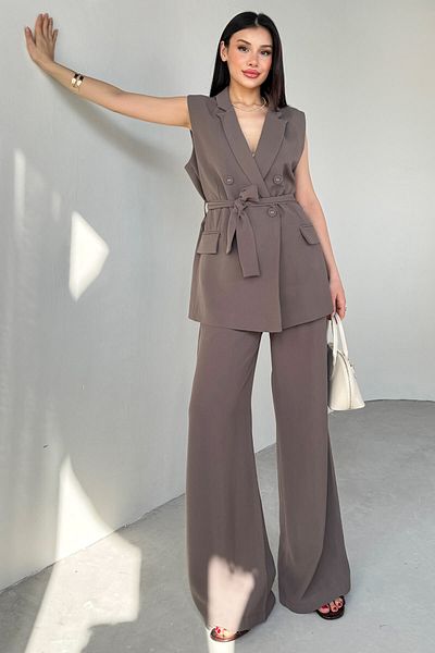 Cappmoda TKM-9413 Μινκ Πέτο Πέτο με διπλό κουμπί Γιλέκο φαρδύ παντελόνι Σετ δύο τεμαχίων