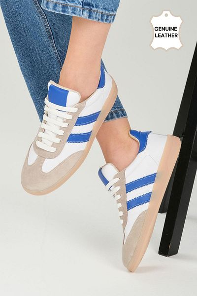 Mio Gusto Pantofi sport de damă Tindra din piele naturală Saks culoare albă cu dungi albastre