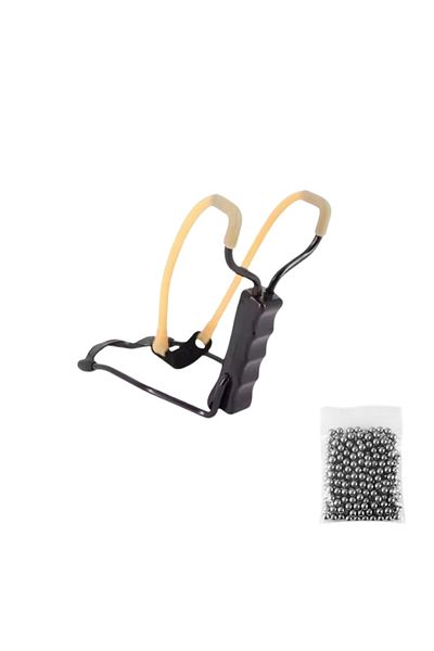 Depox Set praștie metalică profesională cu suport pentru încheietura mâinii și 100 bile de 8 mm, metal, mâner antiderapant 18 cm