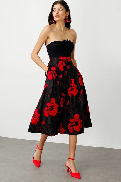Ekol Patterned Pleated Midi Length Skirt Red