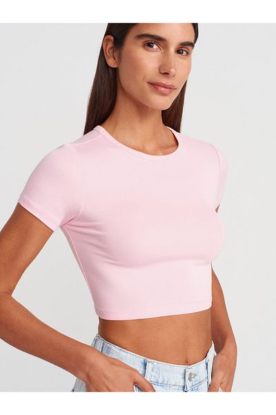 Dilvin 31104 Modal Crop Top-Powder Pink