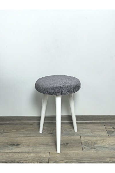 decosense Cozy Peluş Puf Dekoratif Ahşap 3 Beyaz Ayaklı Tabure Şık Konforlu Y...