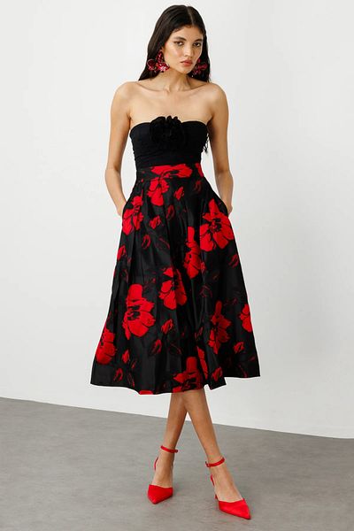 Ekol Patterned Pleated Midi Length Skirt Red