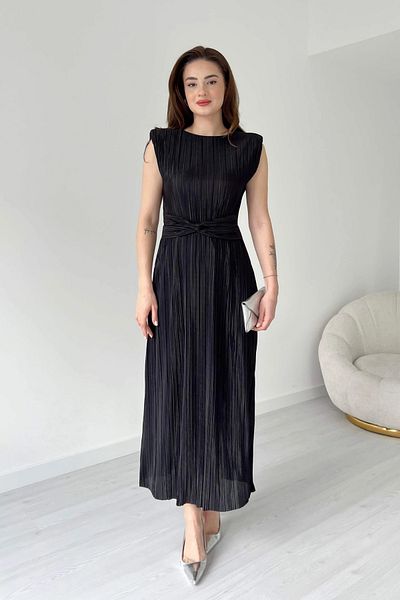 Aventien Rochie midi neagră plisată cu detaliu în talie