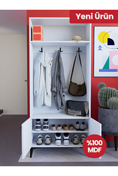 Detamob Ayakkabılıklı, Askılıklı Modern Beyaz Portmanto | %100 MDF Raflı Vest...