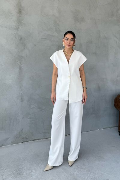 Seda Yalçın Atelier Ecru Gold Button Detailed Asymmetrical Cut Vest Trousers Set